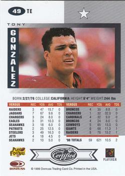 1999 Leaf Certified #49 Tony Gonzalez Back