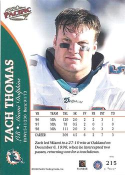 1999 Pacific #215 Zach Thomas Back