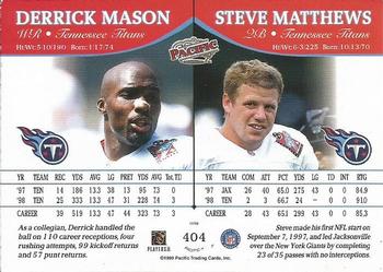 1999 Pacific #404 Derrick Mason / Steve Matthews Back