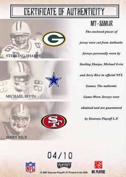 2007 Playoff National Treasures - Material Trios NFL #MT-SSMIJR Sterling Sharpe / Michael Irvin / Jerry Rice Back