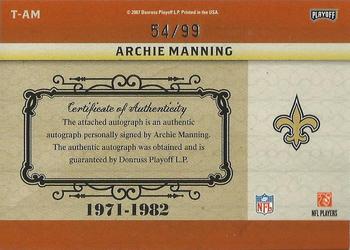 2007 Playoff National Treasures - Timeline Signature #T-AM Archie Manning Back