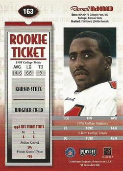 1999 Playoff Contenders SSD #163 Darnell McDonald Back