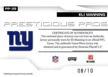 2007 Playoff Prestige - Prestigious Pros Materials Platinum Patches #PP-39 Eli Manning Back