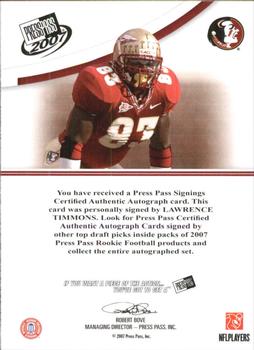 2007 Press Pass - Autographs Bronze #NNO Lawrence Timmons Back