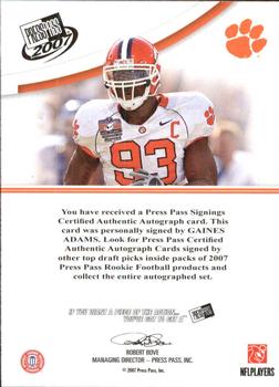 2007 Press Pass - Autographs Silver #NNO Gaines Adams Back