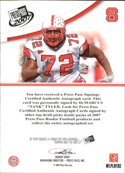 2007 Press Pass - Autographs Silver #NNO Tank Tyler Back