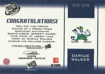 2007 Press Pass - Gridiron Gamers Jerseys Holofoil #GG-DW Darius Walker Back