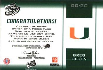 2007 Press Pass - Gridiron Gamers Jerseys Silver #GG-GO Greg Olsen Back
