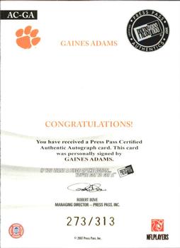 2007 Press Pass Legends - All Conference Autographs Gold #AC-GA Gaines Adams Back