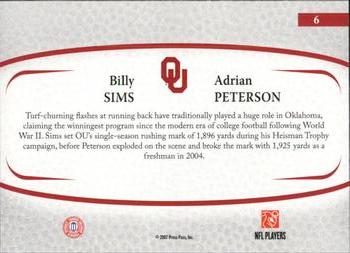 2007 Press Pass Legends - Alumni Association #6 Billy Sims / Adrian Peterson Back