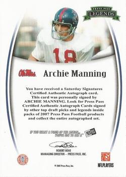 2007 Press Pass Legends - Autographs #NNO Archie Manning Back
