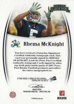 2007 Press Pass Legends - Autographs #NNO Rhema McKnight Back