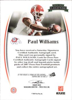 2007 Press Pass Legends - Autographs #NNO Paul Williams Back