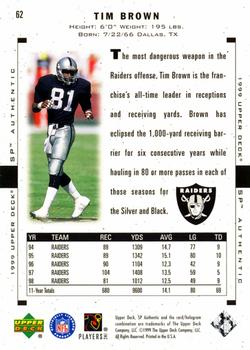 1999 SP Authentic #62 Tim Brown Back