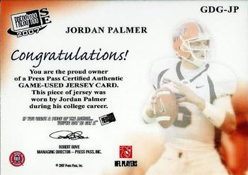 2007 Press Pass SE - Game Day Gear Jerseys Silver #GDG-JP Jordan Palmer Back