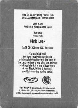 2007 SAGE - Autographs Printing Plates Magenta #A31 Chris Leak Back