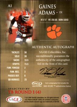2007 SAGE - Autographs Red #A1 Gaines Adams Back