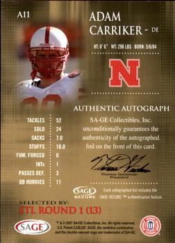 2007 SAGE - Autographs Red #A11 Adam Carriker Back