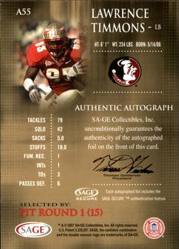 2007 SAGE - Autographs Red #A55 Lawrence Timmons Back