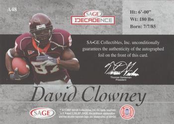 2007 SAGE Decadence - Autographs Silver #A48 David Clowney Back