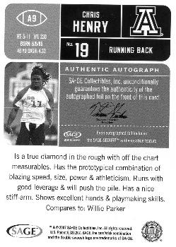 2007 SAGE HIT - Autographs #A9 Chris Henry Back