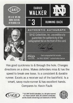 2007 SAGE HIT - Autographs Silver #A47 Darius Walker Back