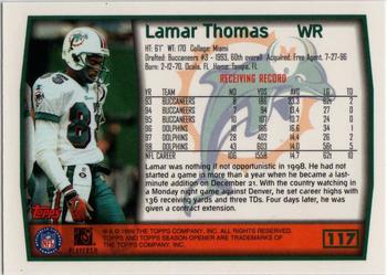 1999 Topps Season Opener #117 Lamar Thomas Back