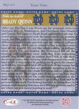 2007 SAGE HIT - Draft Diary #BQ-5 Brady Quinn Back