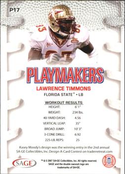 2007 SAGE HIT - Playmakers Silver #P17 Lawrence Timmons Back