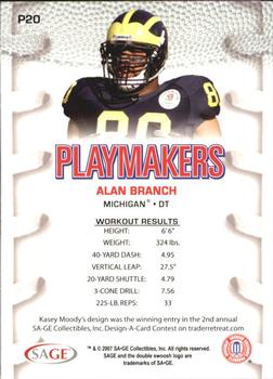 2007 SAGE HIT - Playmakers Silver #P20 Alan Branch Back