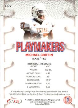 2007 SAGE HIT - Playmakers Silver #P27 Michael Griffin Back