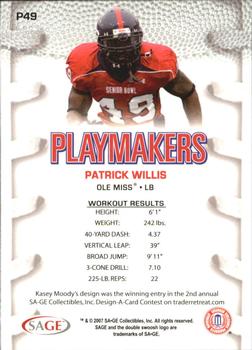 2007 SAGE HIT - Playmakers Silver #P49 Patrick Willis Back