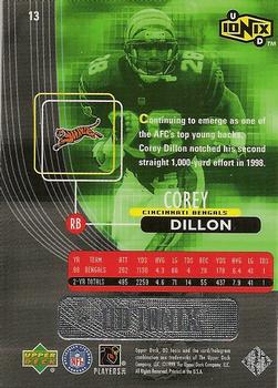 1999 UD Ionix #13 Corey Dillon Back