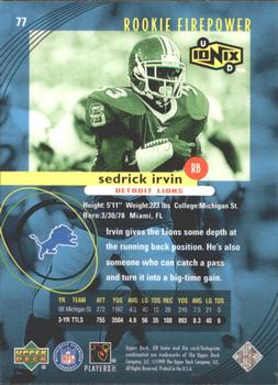 1999 UD Ionix #77 Sedrick Irvin Back