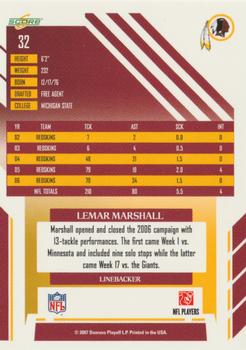 2007 Score - Glossy #32 Lemar Marshall Back