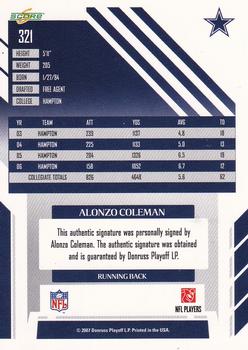 2007 Score - Inscriptions #321 Alonzo Coleman Back