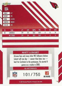 2007 Score - Scorecard #104 Matt Leinart Back