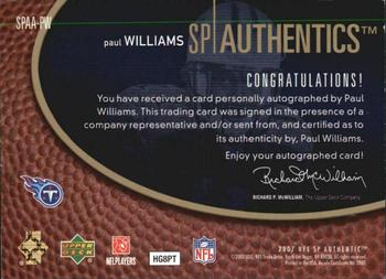 2007 SP Authentic - Autographs Gold #SPAA-PW Paul Williams Back