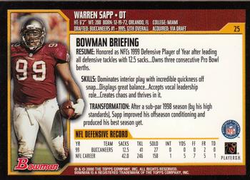 2000 Bowman #25 Warren Sapp Back