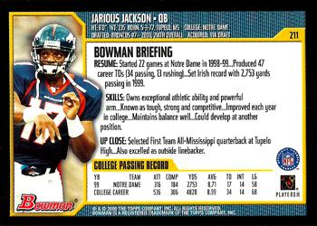 2000 Bowman #211 Jarious Jackson Back