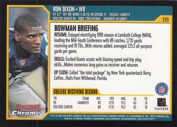 2000 Bowman Chrome #233 Ron Dixon Back