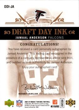 2007 SP Rookie Threads - Draft Day Ink #DDI-JA Jamaal Anderson Back