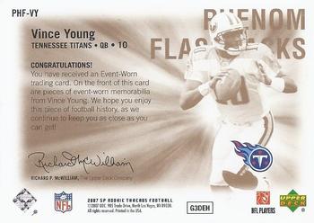 2007 SP Rookie Threads - Phenom Flashbacks Jerseys #PHF-VY Vince Young Back
