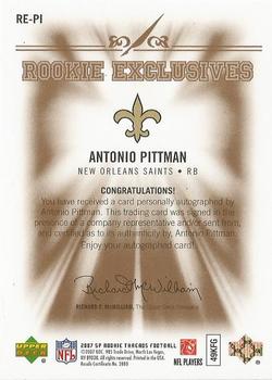 2007 SP Rookie Threads - Rookie Exclusive Autographs #RE-PI Antonio Pittman Back