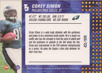 2000 Collector's Edge T3 #206 Corey Simon Back