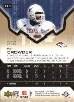 2007 SPx - Gold Holofoil Rookies #115 Tim Crowder Back