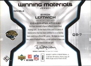 2007 SPx - Winning Materials Jersey #WM-BL2 Byron Leftwich Back