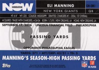 2007 Topps - Generation Now #GN-EM1 Eli Manning Back