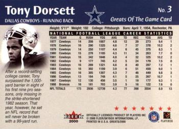 2000 Fleer Greats of the Game #3 Tony Dorsett Back