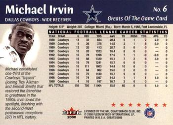 2000 Fleer Greats of the Game #6 Michael Irvin Back